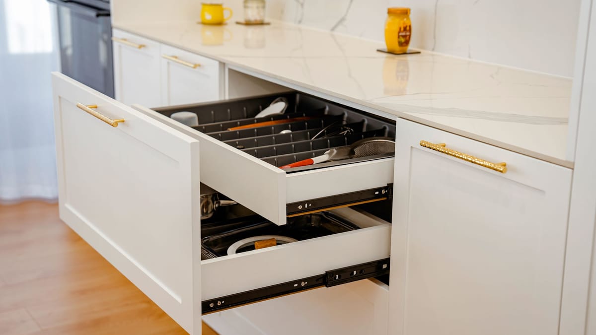 White Shaker drawers with brass bar pulls, pulled open to show a utensil organizer