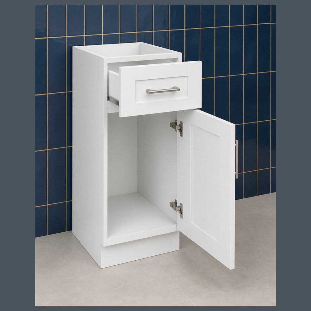 15-inch purity white shaker base cabinet — open-door view