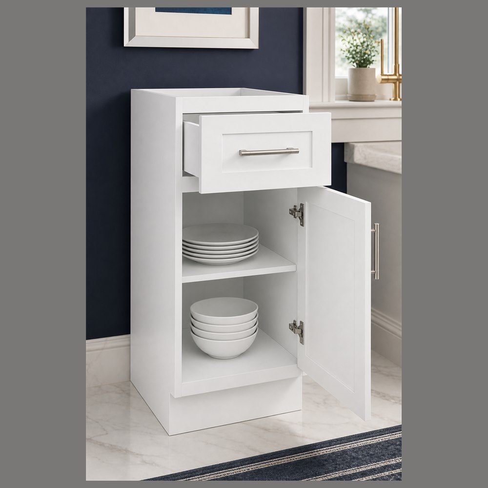 15-inch purity white shaker base cabinet — styled kitchen