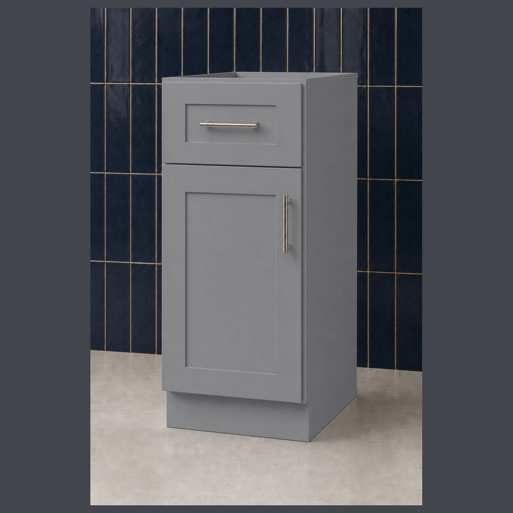 15-inch victory gray shaker base cabinet — angled view
