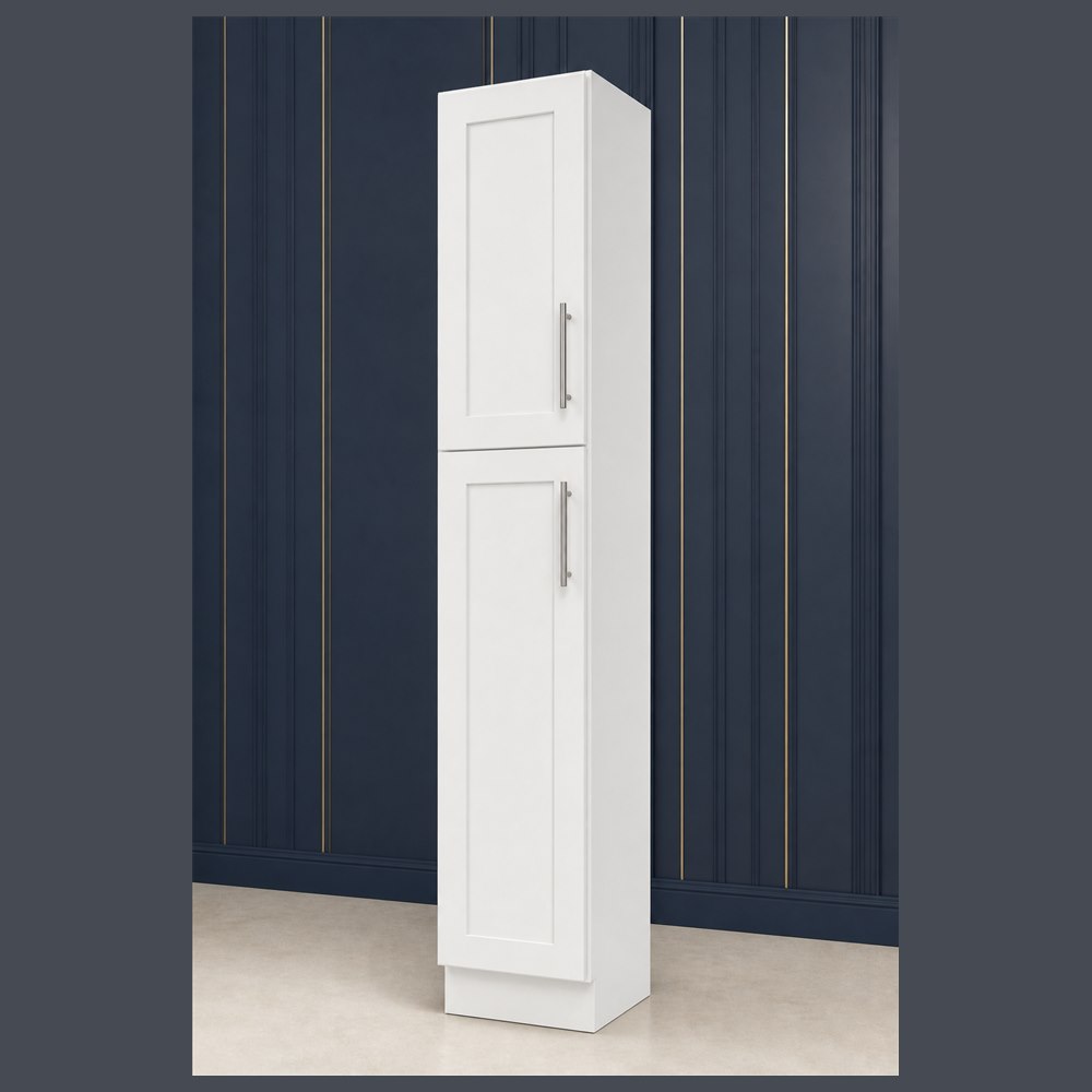 15-inch purity white shaker pantry cabinet — angled view
