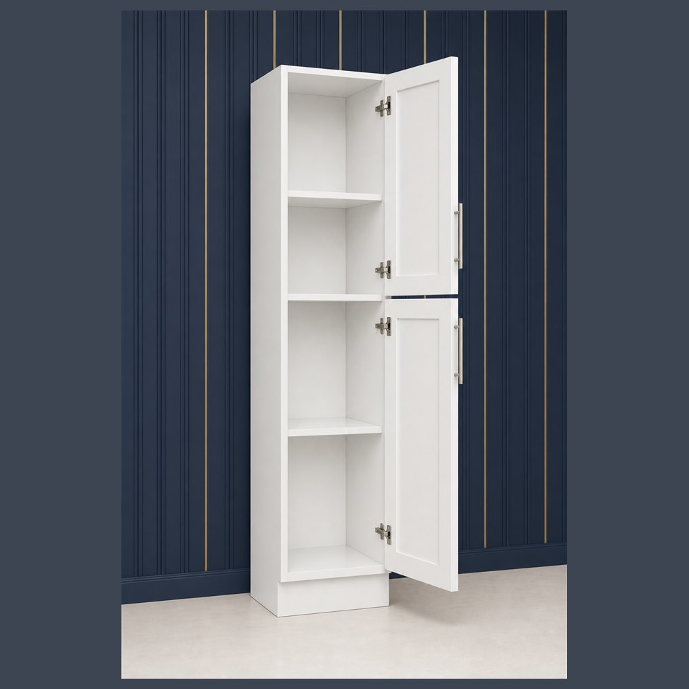 15-inch purity white shaker pantry cabinet — open-door view