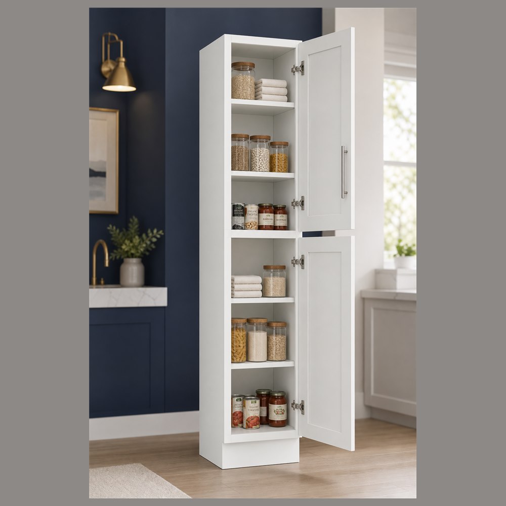 15-inch purity white shaker pantry cabinet — styled kitchen