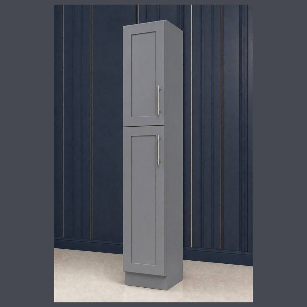 15-inch victory gray shaker pantry cabinet — angled view