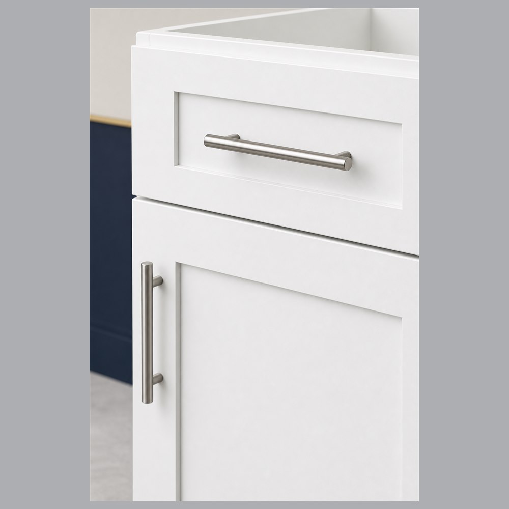 18-inch purity white shaker base cabinet — drawer detail