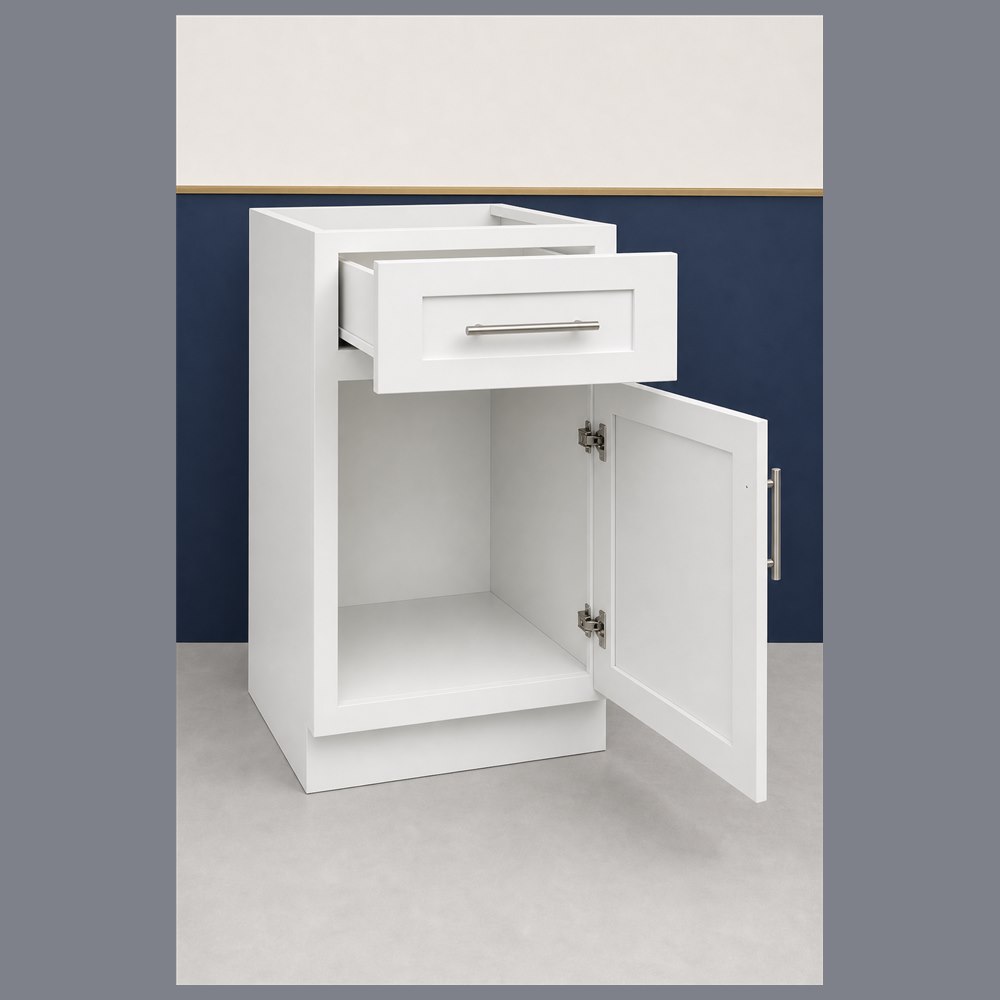 18-inch purity white shaker base cabinet — open-door view