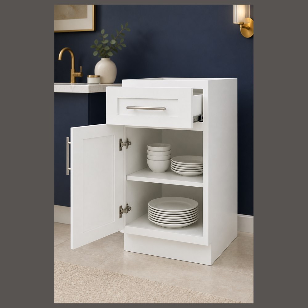 18-inch purity white shaker base cabinet — styled kitchen