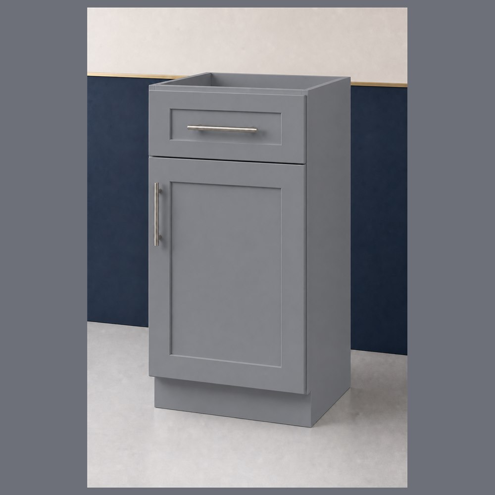18-inch victory gray shaker base cabinet — angled view