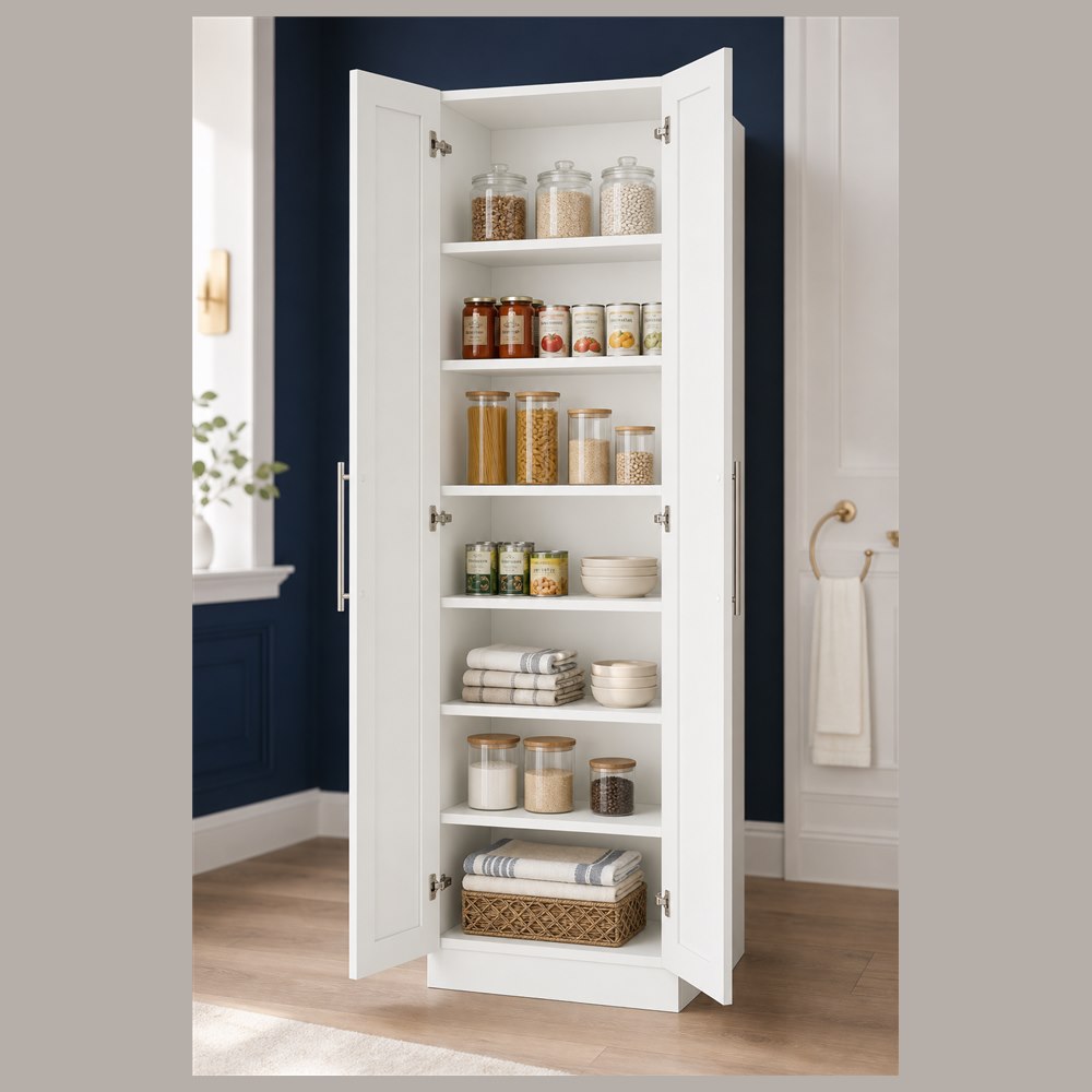 18-inch purity white shaker pantry cabinet — styled kitchen