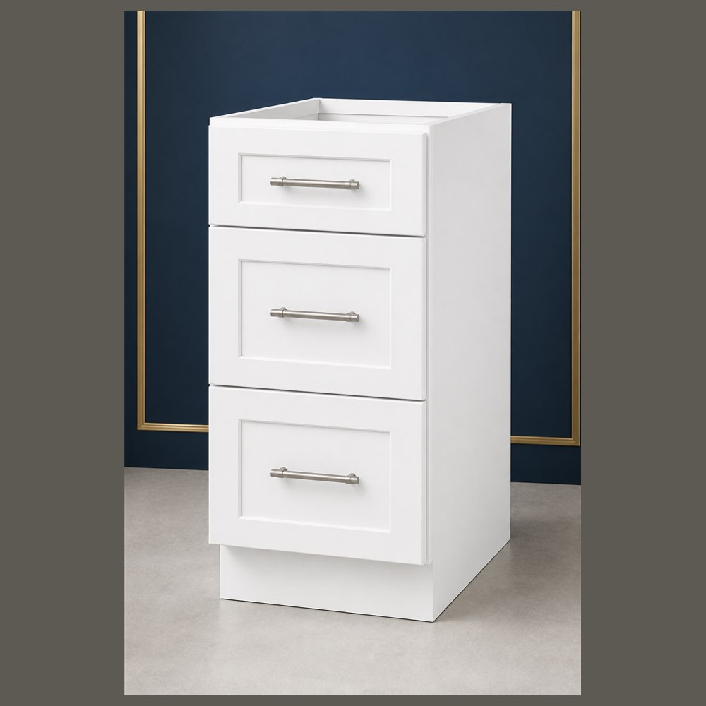 18-inch purity white shaker vanity cabinet — angled view