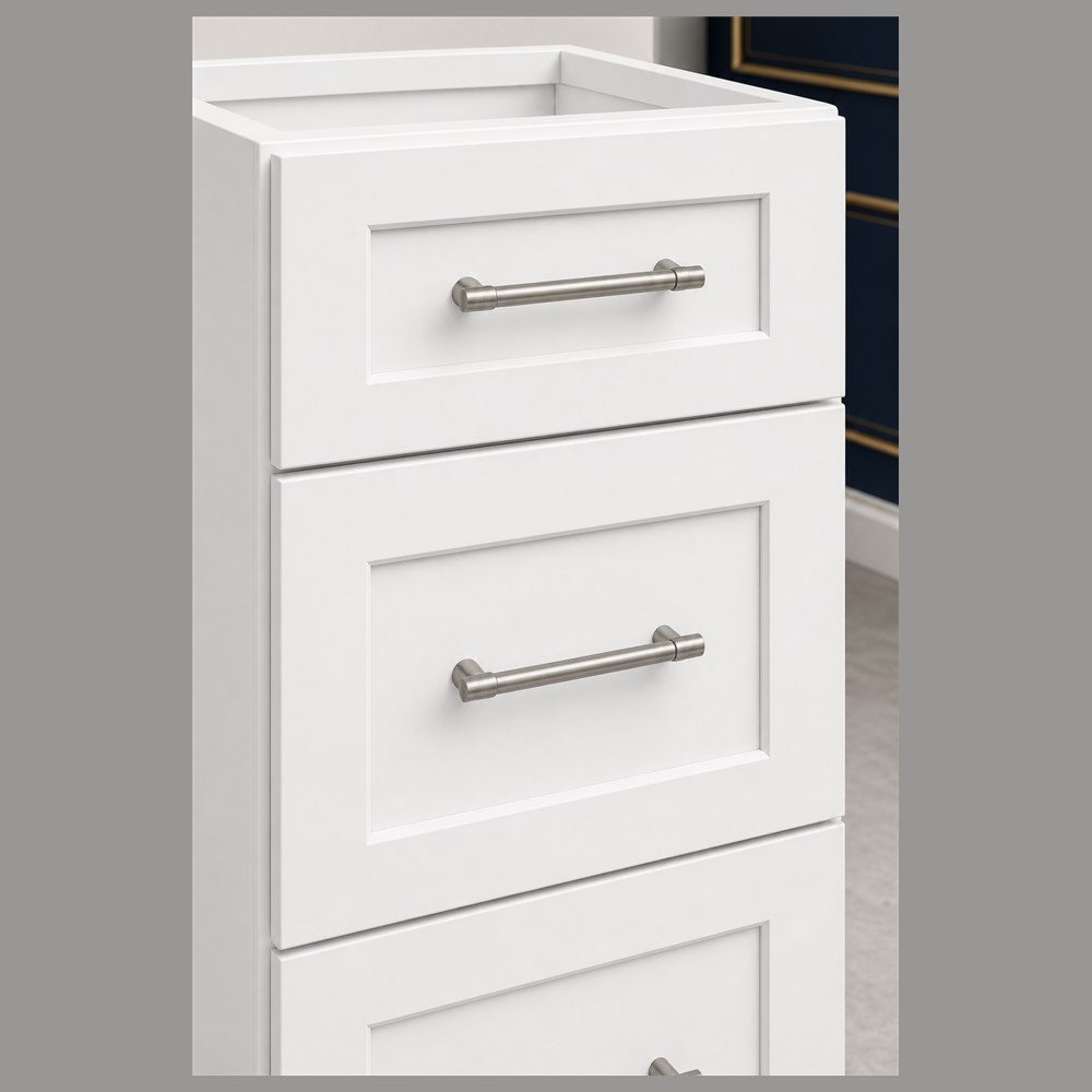 18-inch purity white shaker vanity cabinet — drawer detail