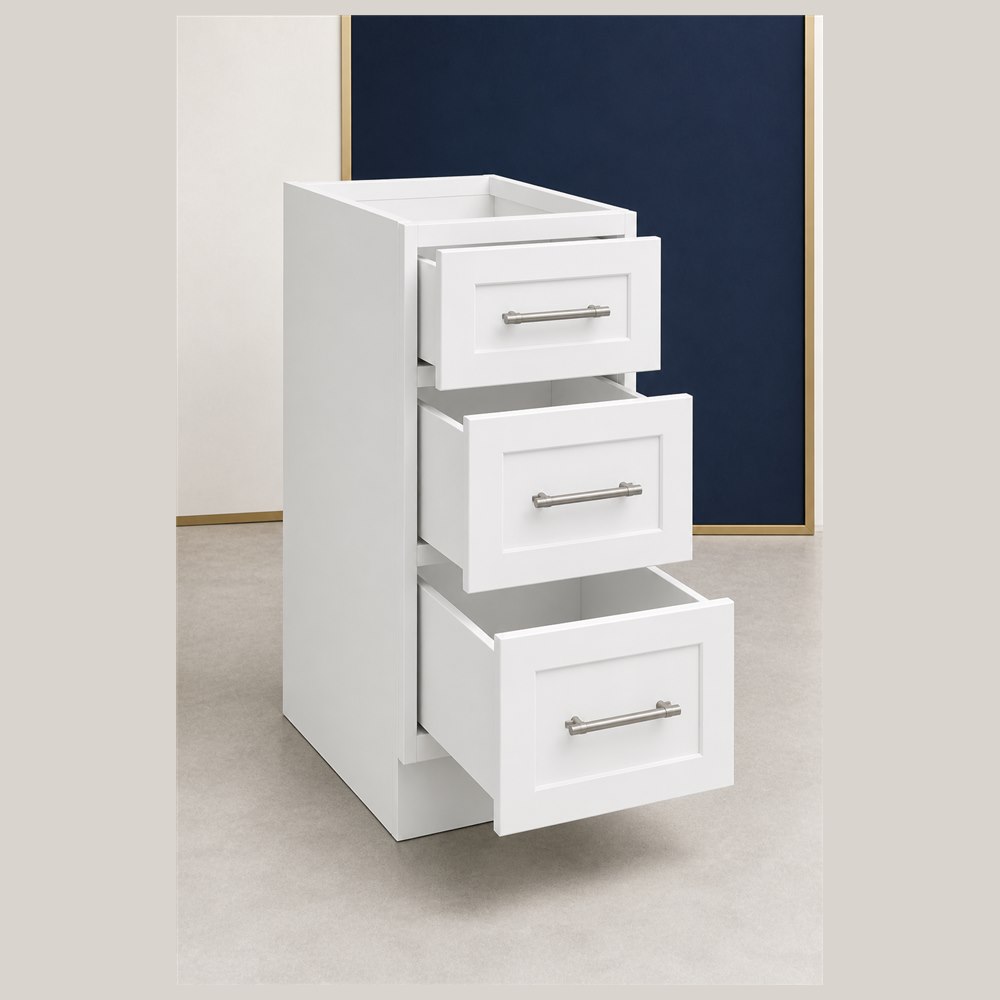 18-inch purity white shaker vanity cabinet — open-door view