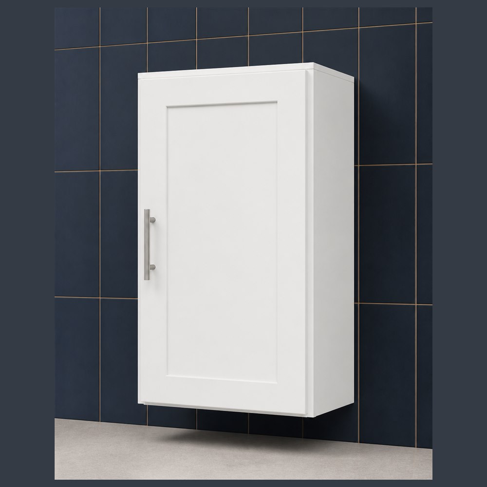 18-inch purity white shaker wall cabinet — angled view