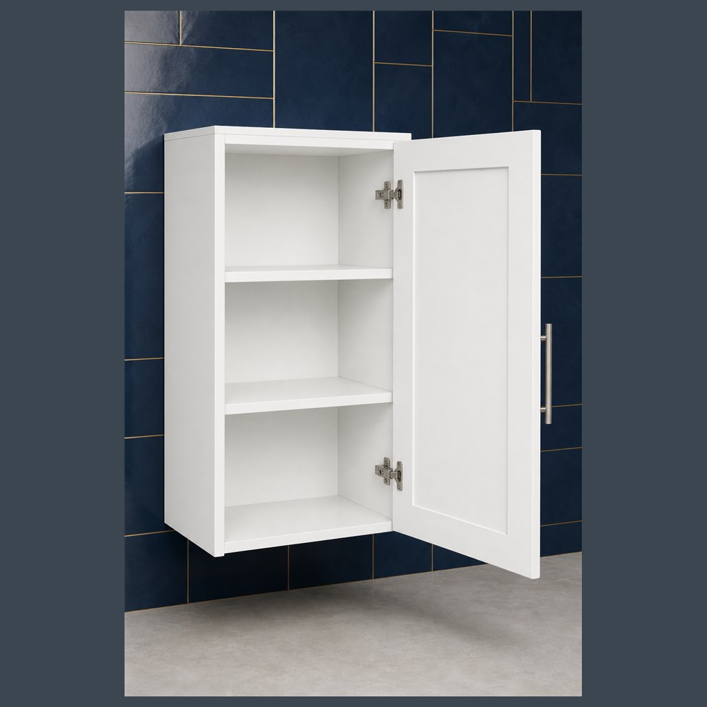 18-inch purity white shaker wall cabinet — open-door view
