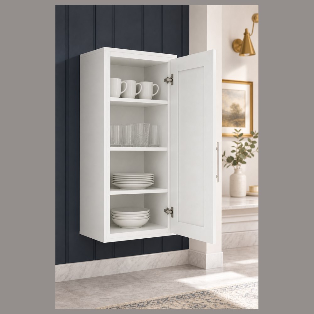 18-inch purity white shaker wall cabinet — styled kitchen
