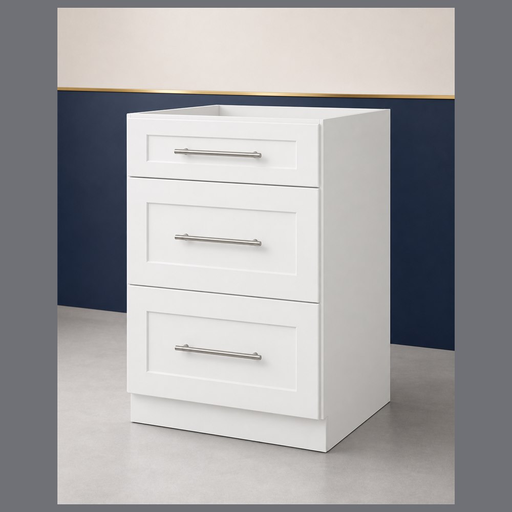 24-inch purity white shaker base cabinet — angled view