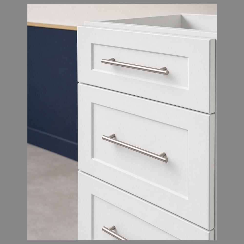 24-inch purity white shaker base cabinet — drawer detail