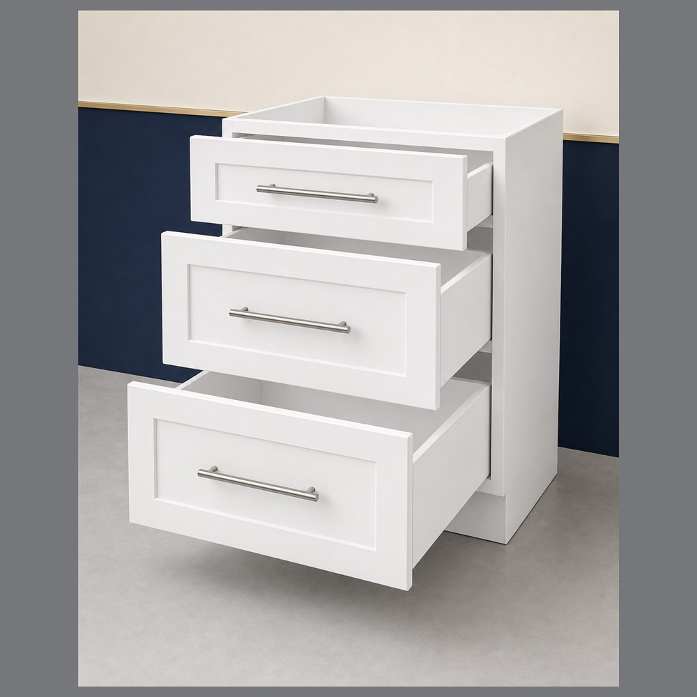 24-inch purity white shaker base cabinet — open-door view