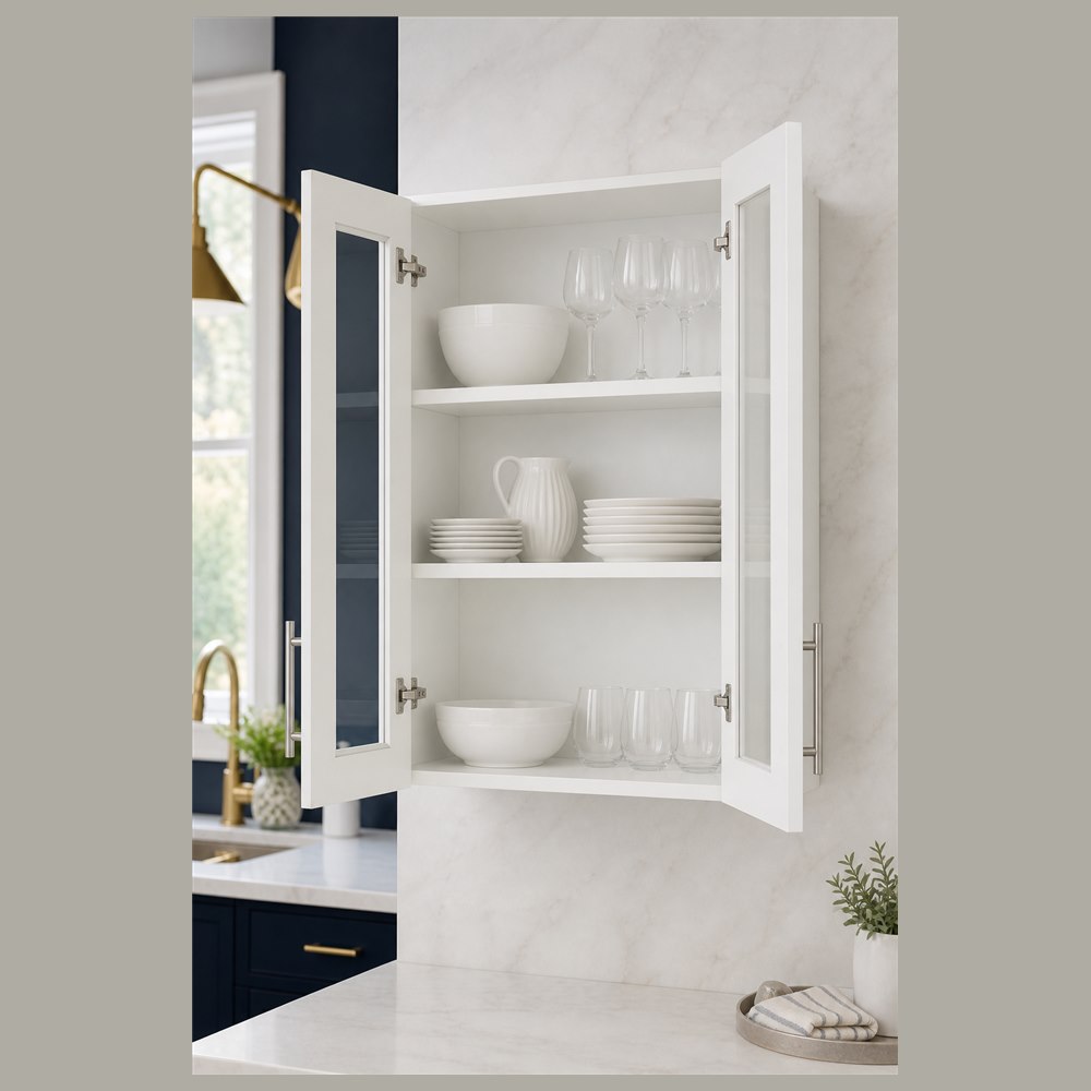 24-inch purity white shaker wall cabinet — styled kitchen