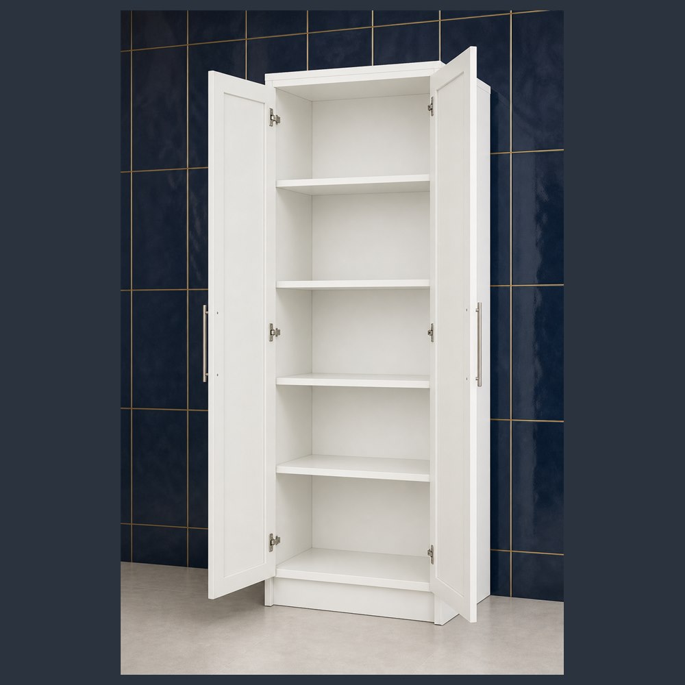 24-inch purity white shaker pantry cabinet — open-door view