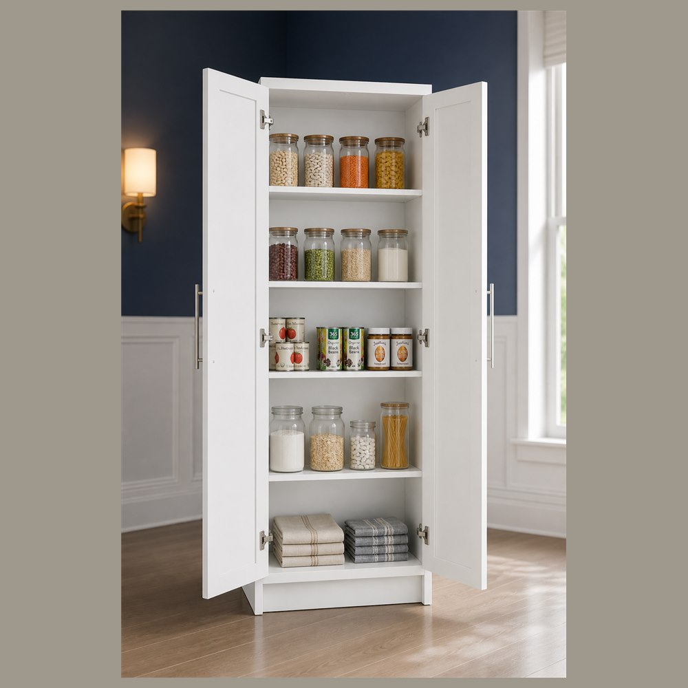 24-inch purity white shaker pantry cabinet — styled kitchen