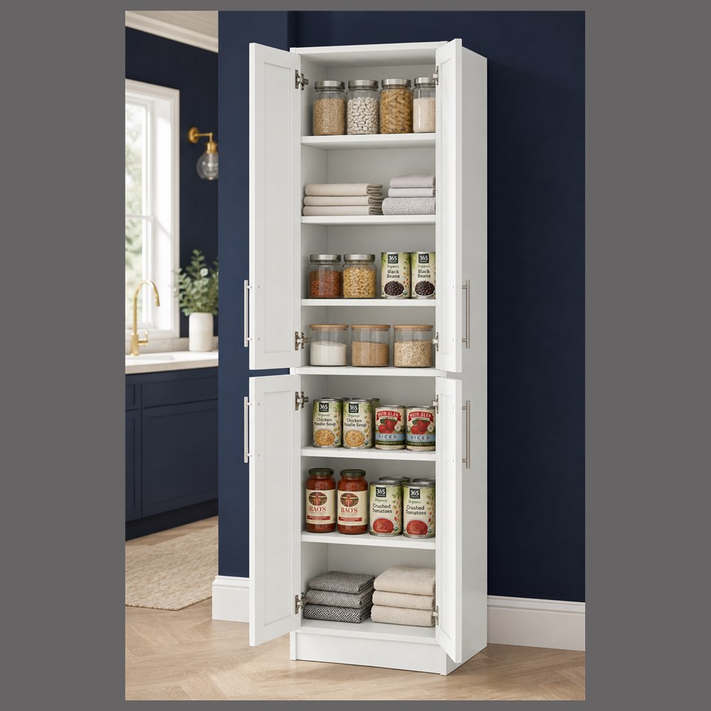 24-inch purity white shaker pantry cabinet — styled kitchen