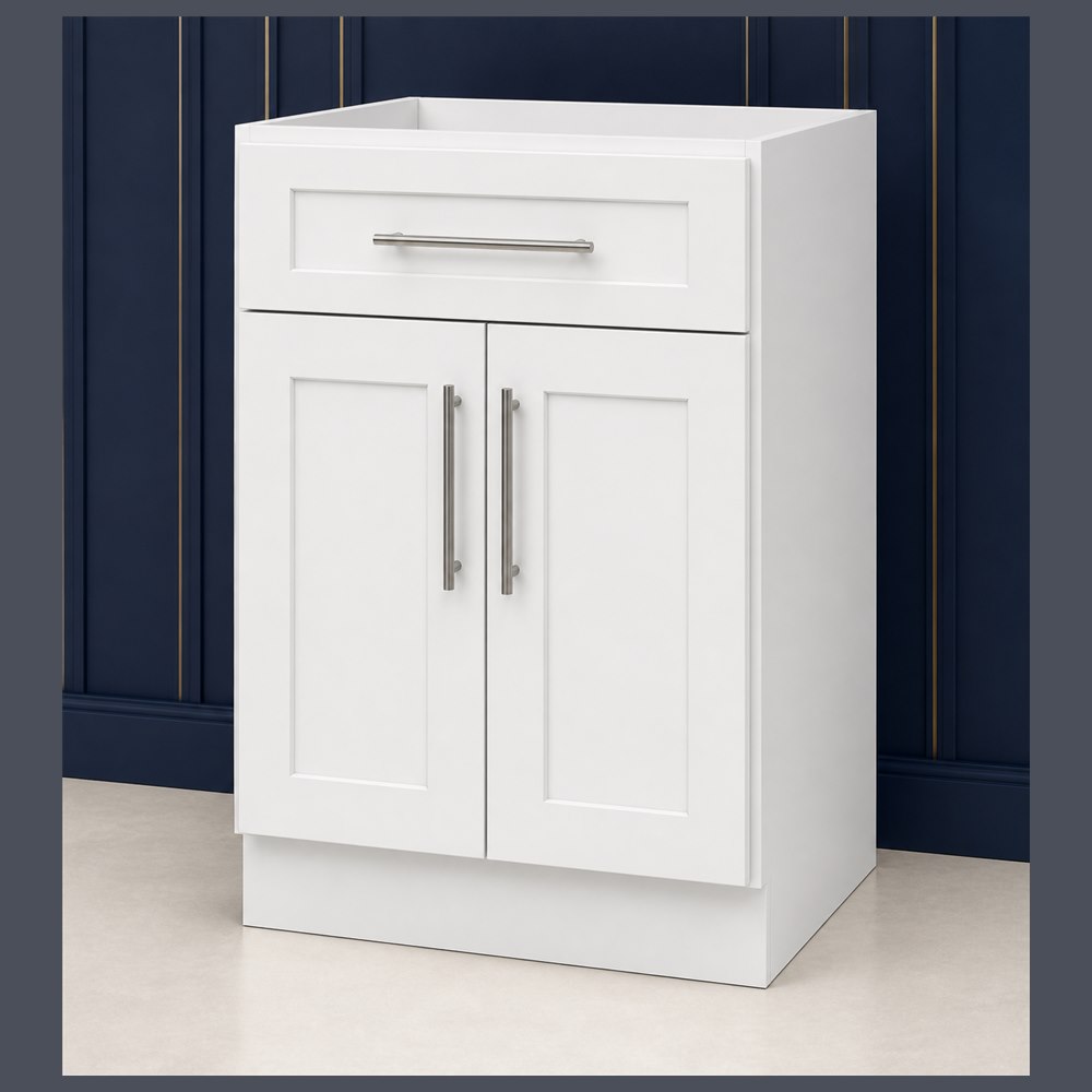 24-inch purity white shaker vanity cabinet — angled view