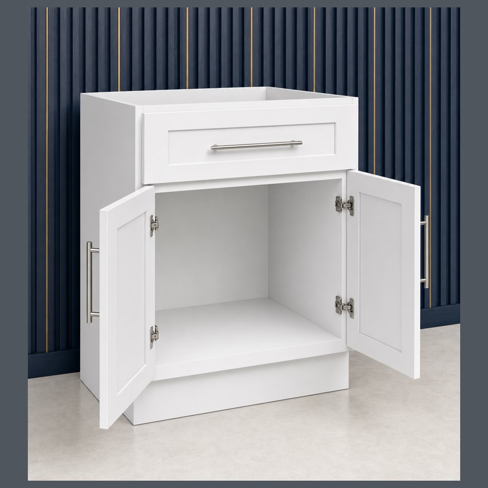 24-inch purity white shaker vanity cabinet — open-door view