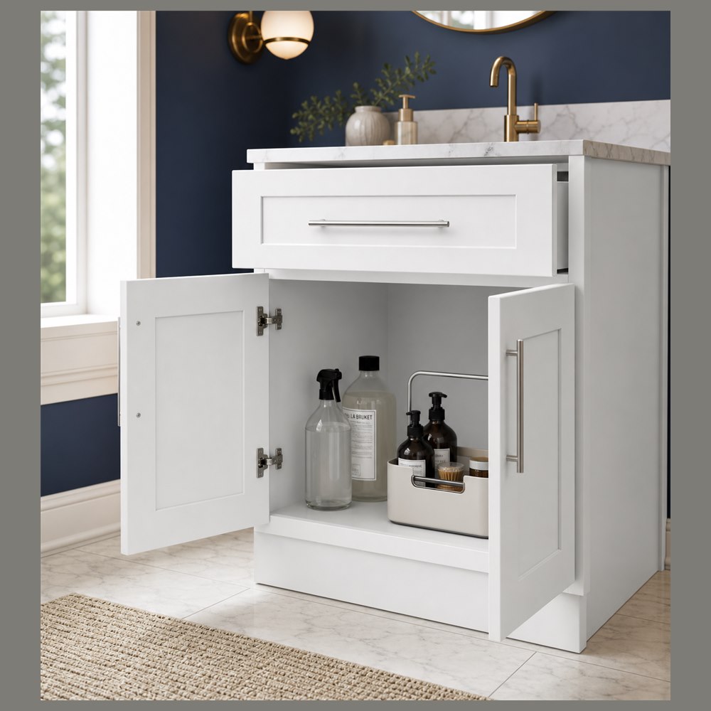 24-inch purity white shaker vanity cabinet — styled kitchen