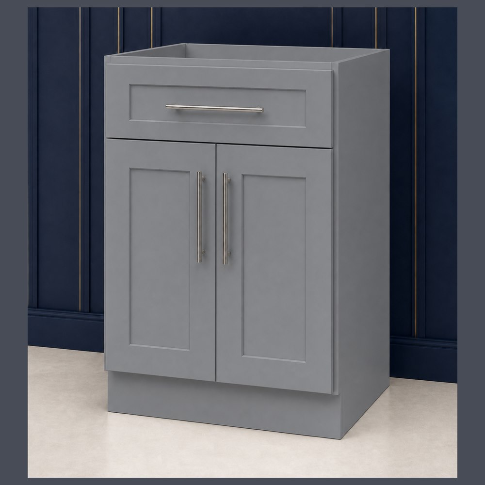 24-inch victory gray shaker vanity cabinet — angled view