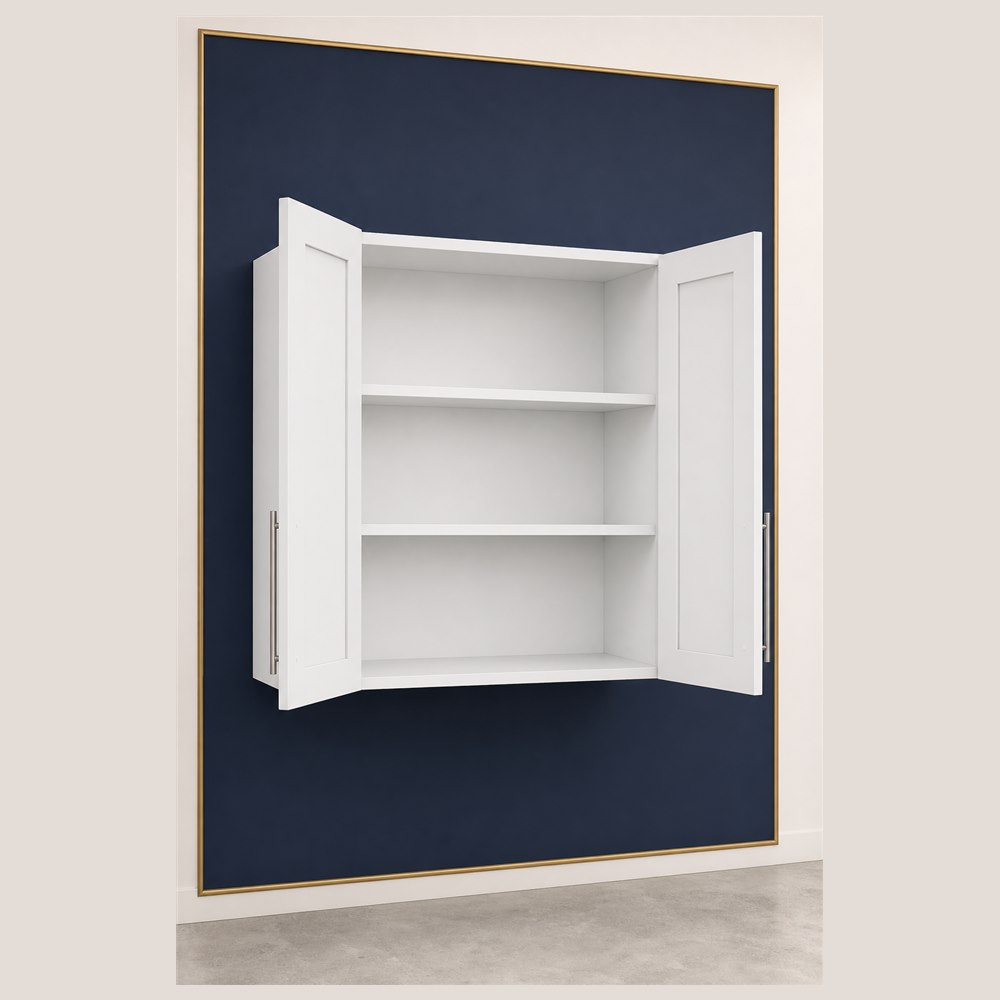 24-inch purity white shaker wall cabinet — open-door view