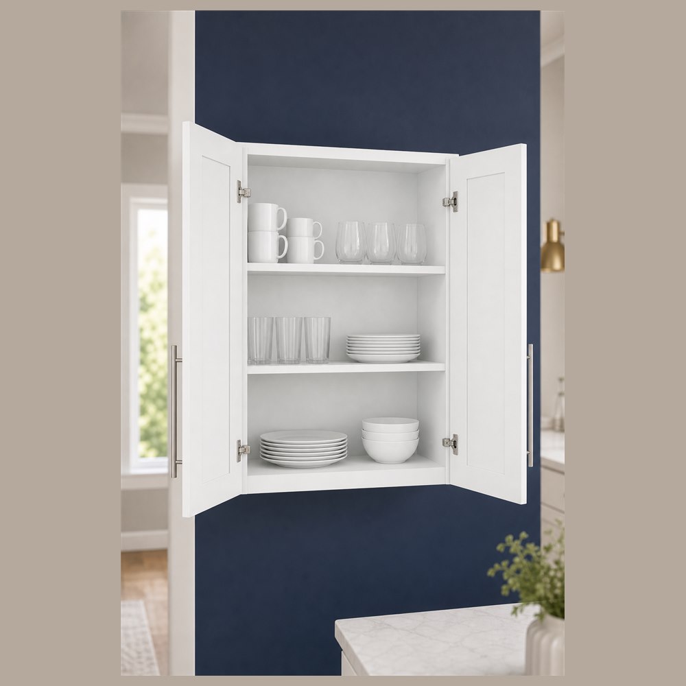 24-inch purity white shaker wall cabinet — styled kitchen