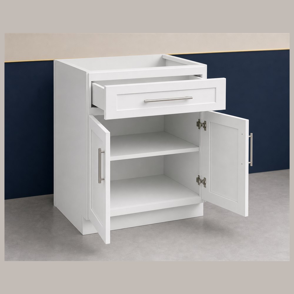 30-inch purity white shaker base cabinet — open-door view