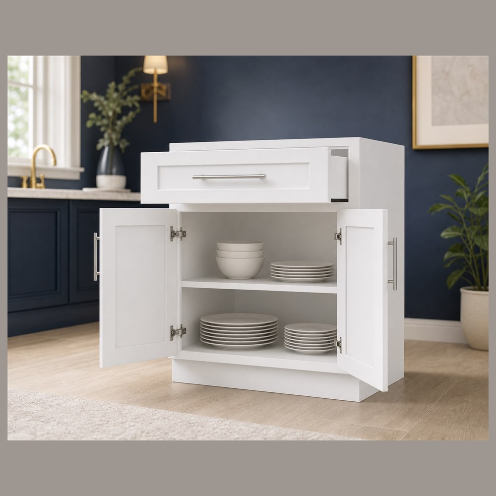 30-inch purity white shaker base cabinet — styled kitchen