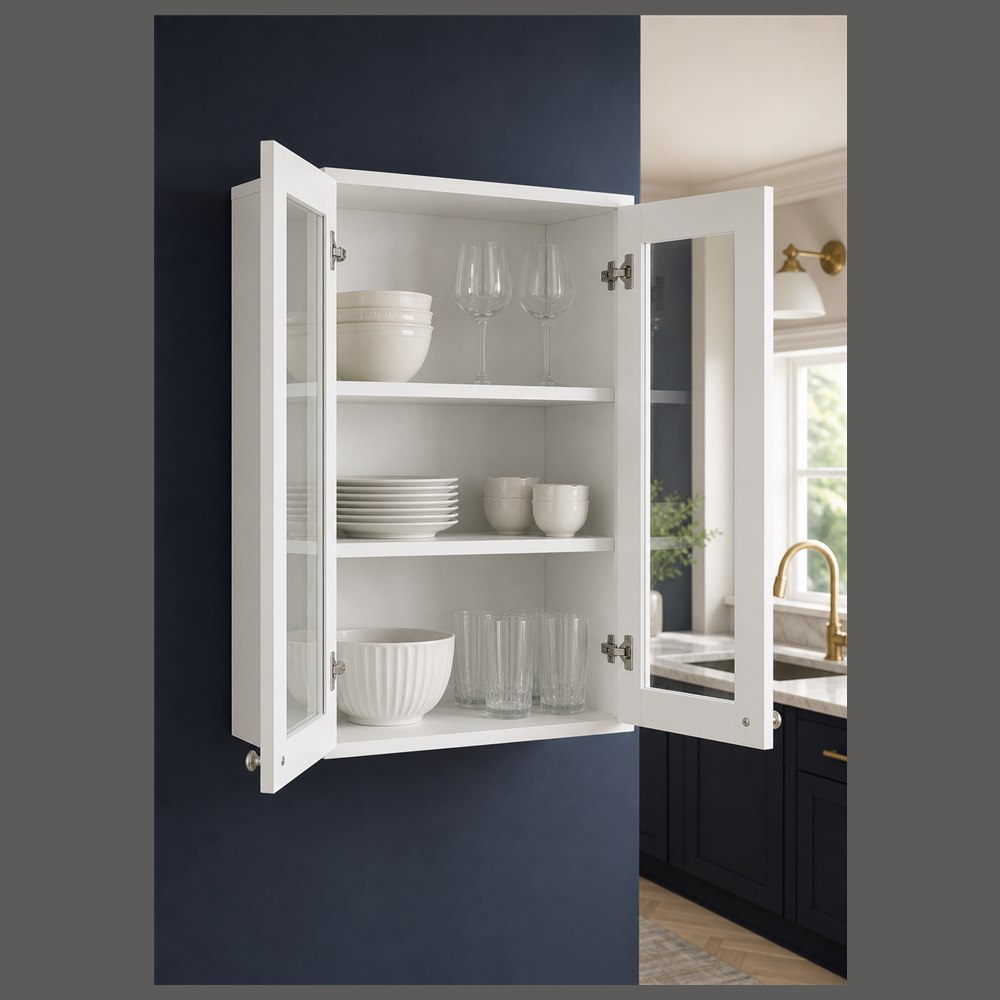 30-inch purity white shaker wall cabinet — styled kitchen