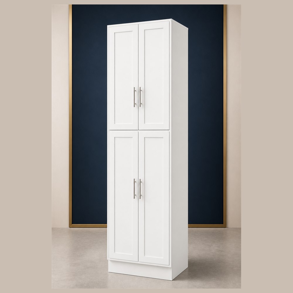 30-inch purity white shaker pantry cabinet — angled view