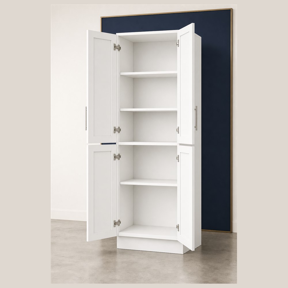 30-inch purity white shaker pantry cabinet — open-door view