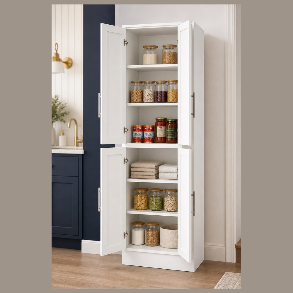 30-inch purity white shaker pantry cabinet — styled kitchen