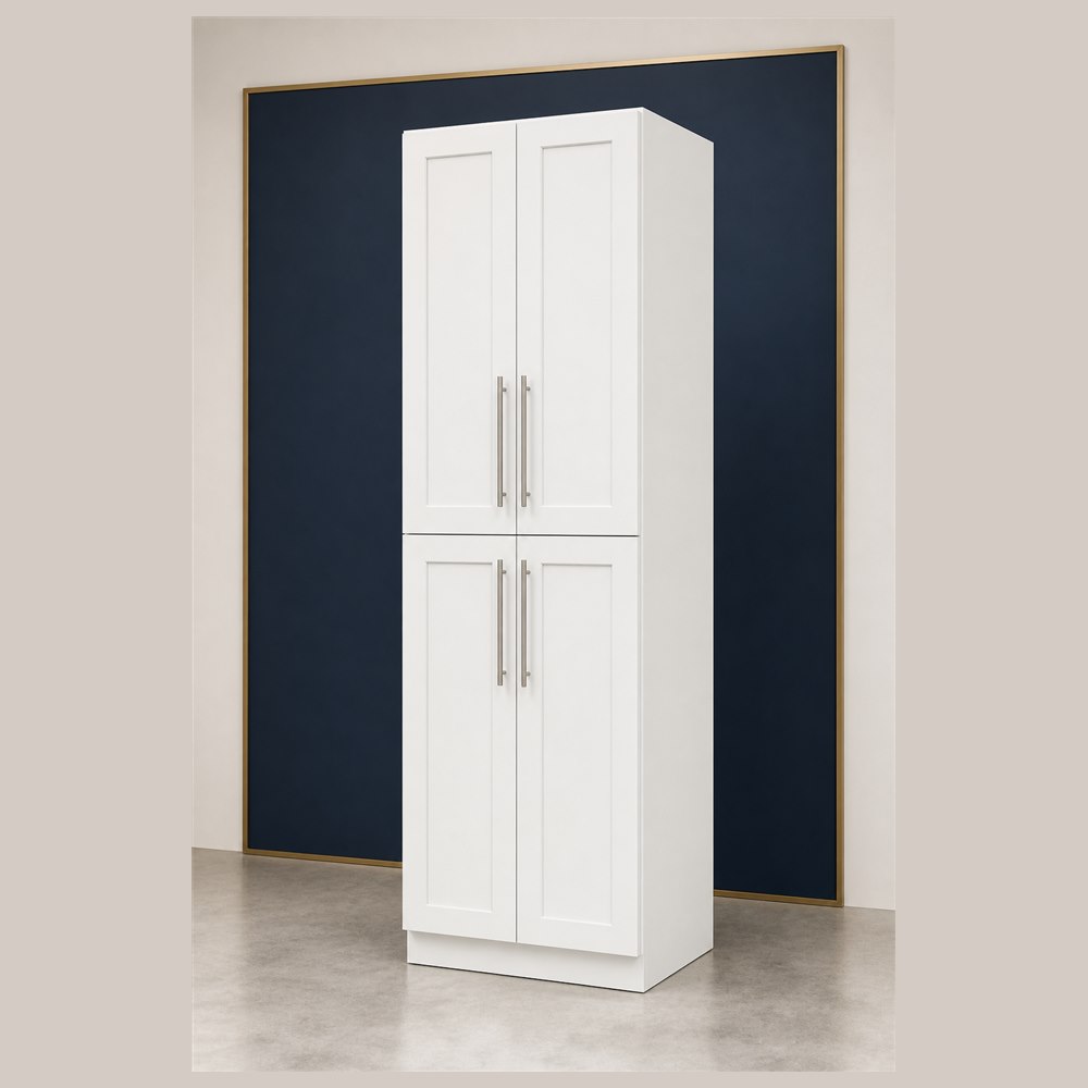 30-inch purity white shaker pantry cabinet — angled view