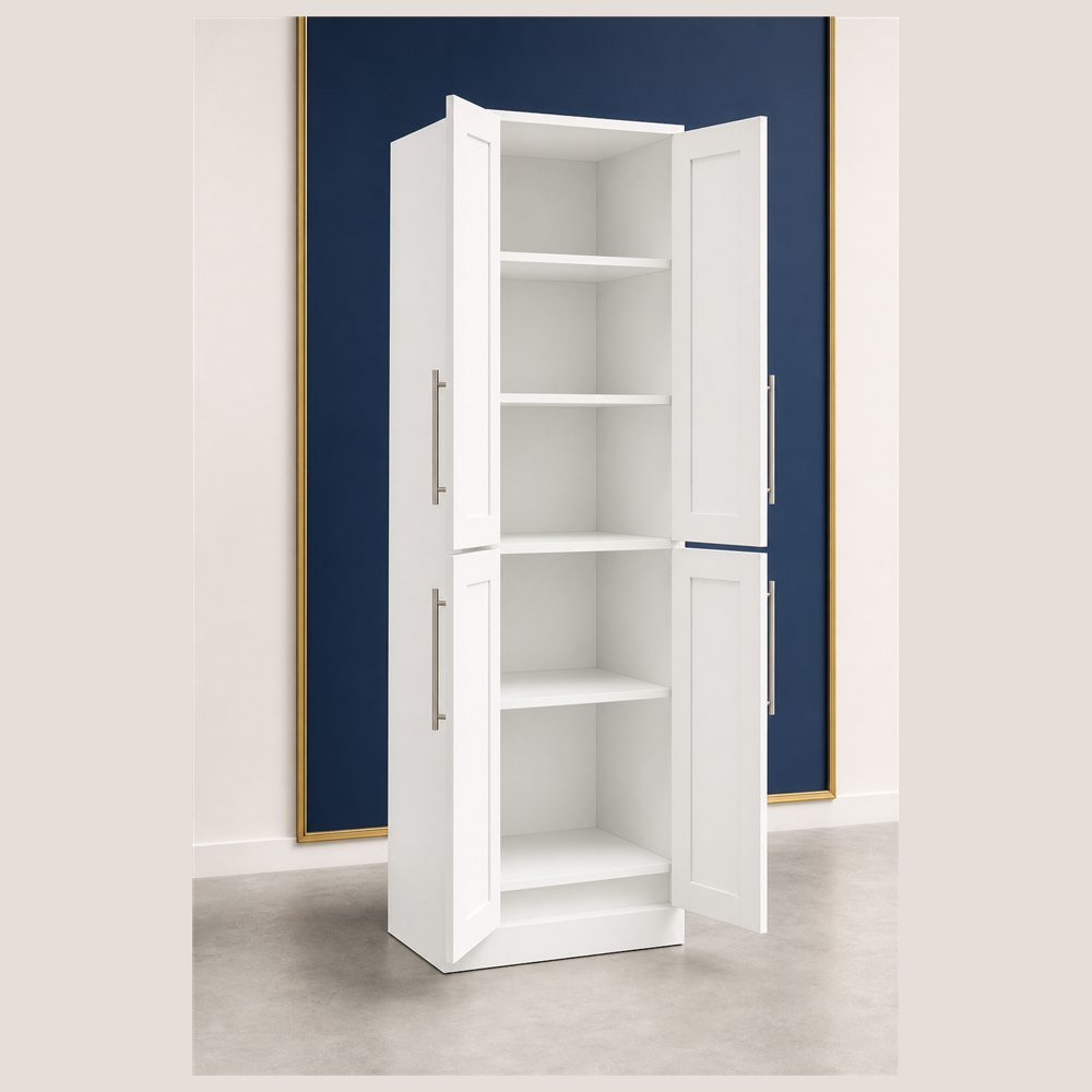 30-inch purity white shaker pantry cabinet — open-door view