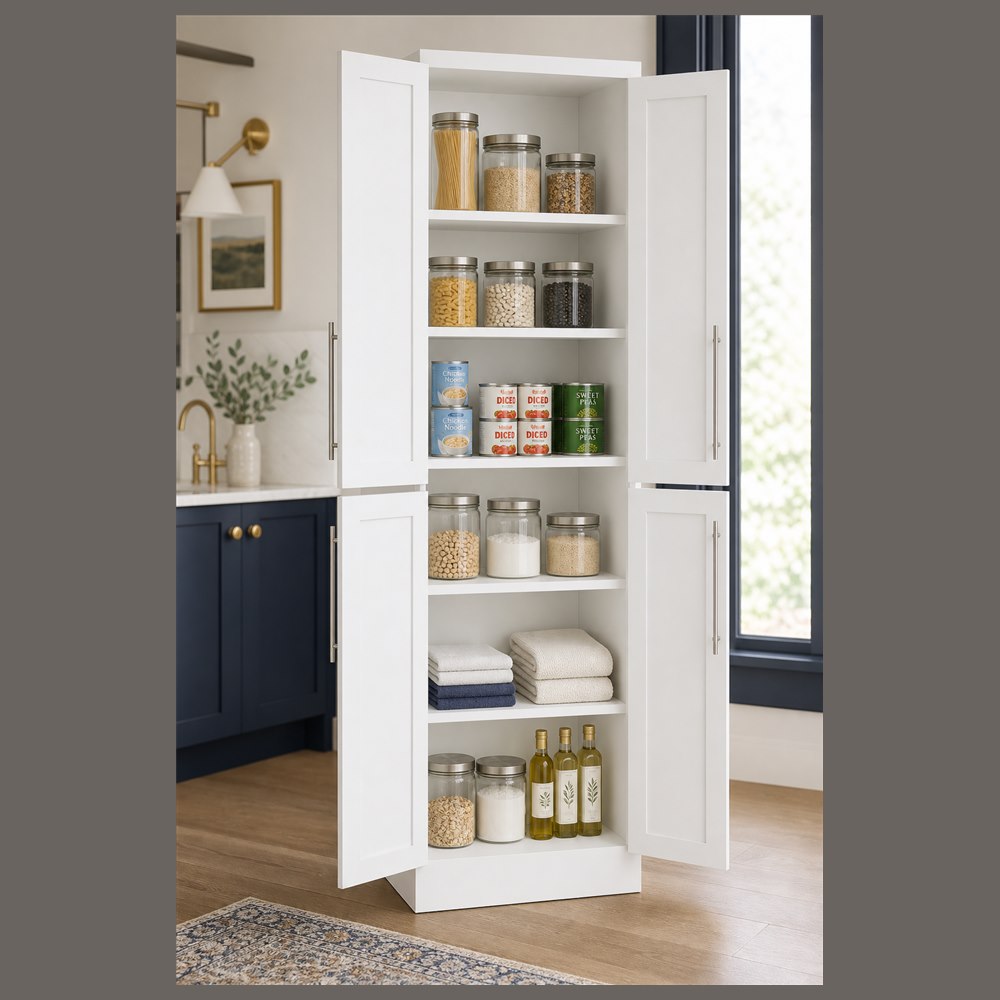 30-inch purity white shaker pantry cabinet — styled kitchen