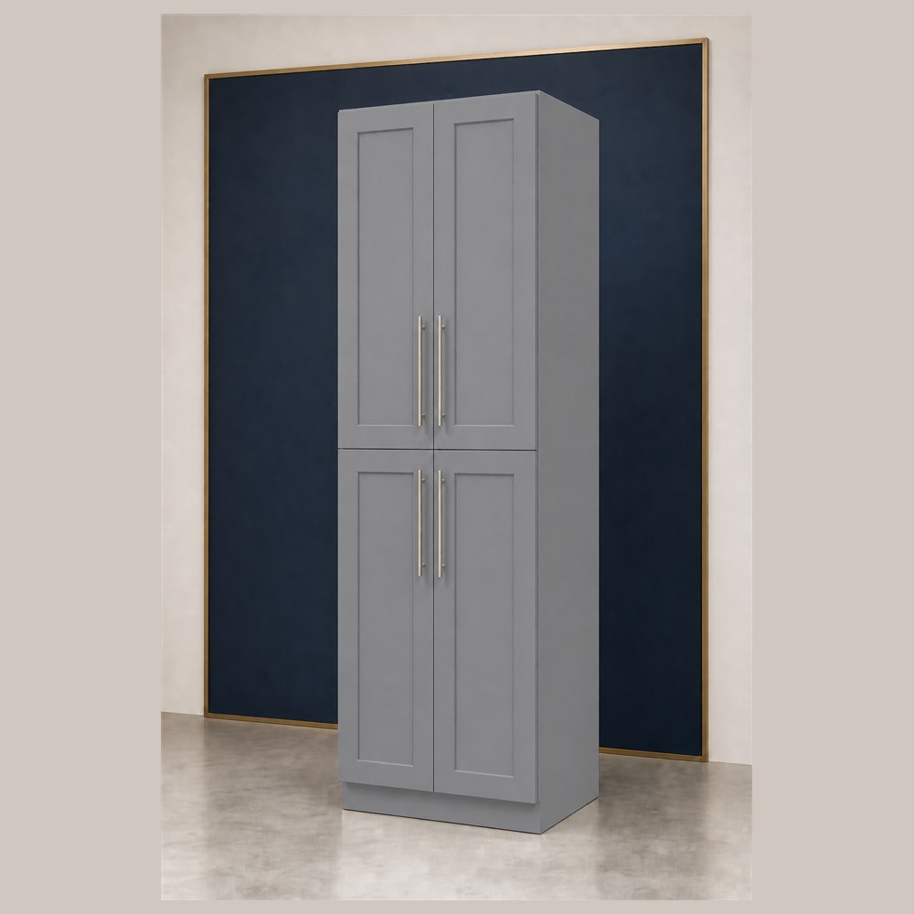 30-inch victory gray shaker pantry cabinet — angled view