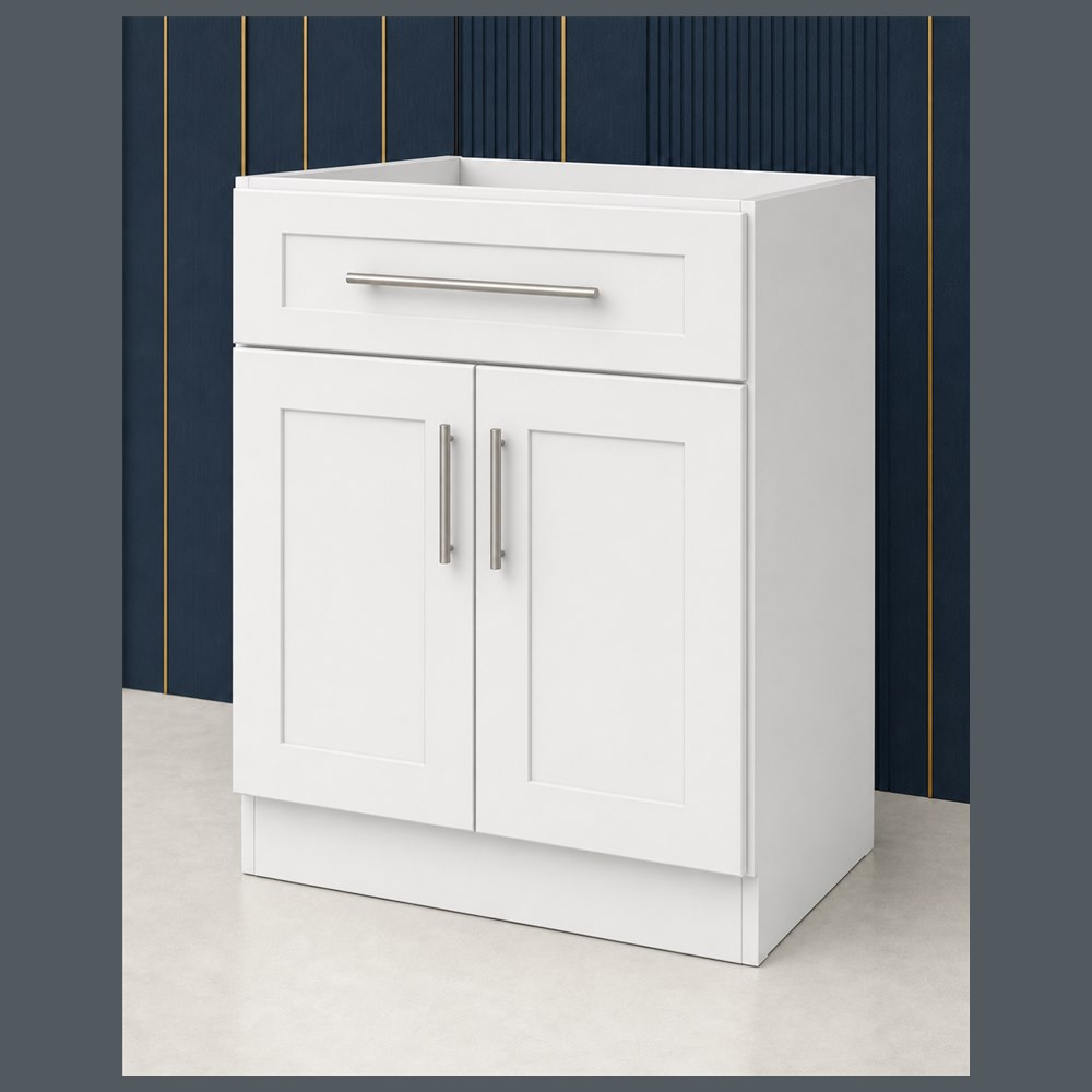 30-inch purity white shaker vanity cabinet — angled view