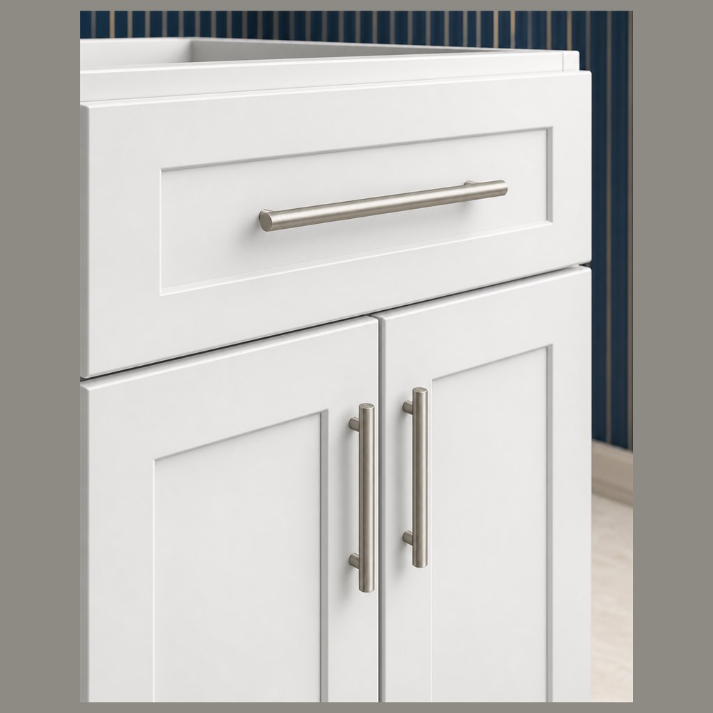 30-inch purity white shaker vanity cabinet — drawer detail