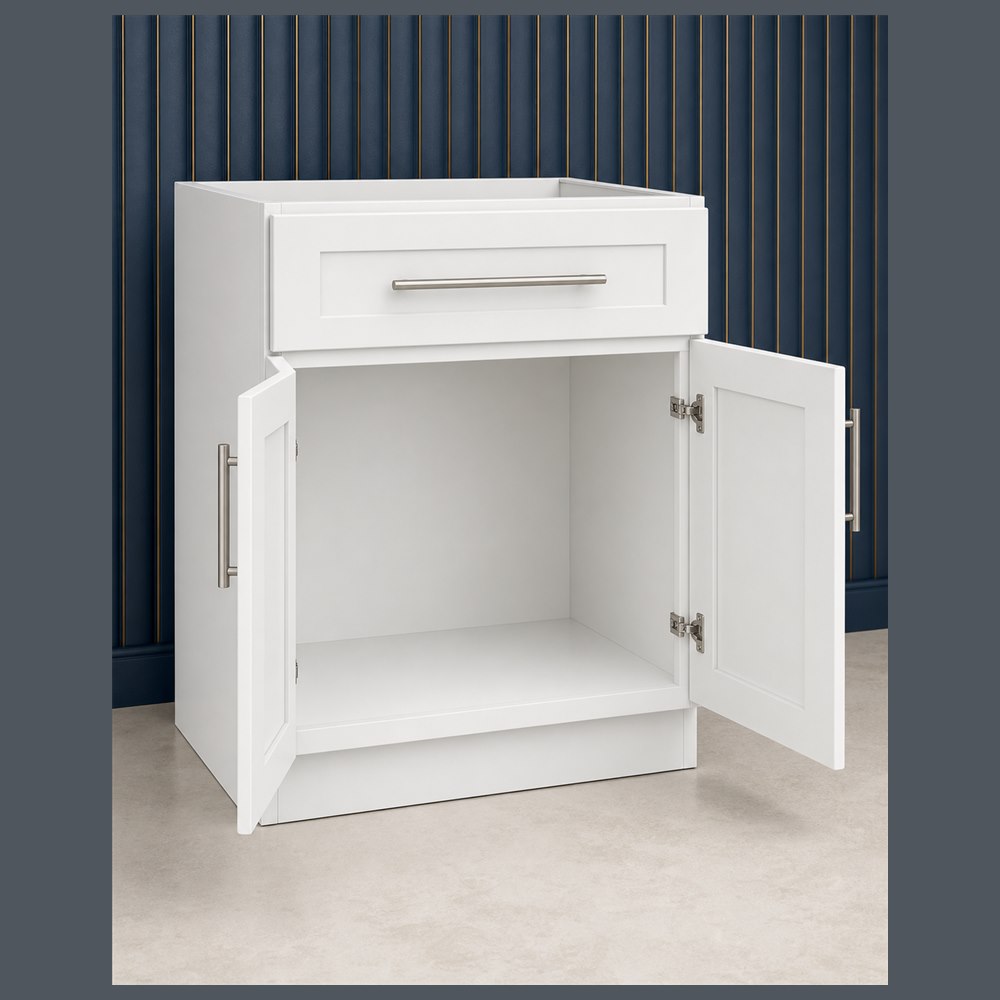 30-inch purity white shaker vanity cabinet — open-door view