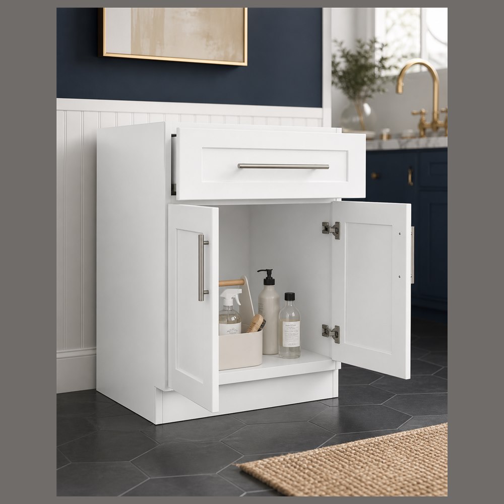 30-inch purity white shaker vanity cabinet — styled kitchen