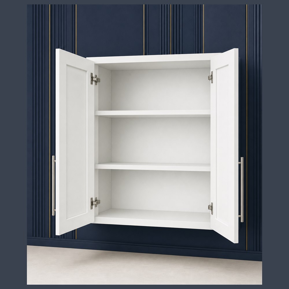 30-inch purity white shaker wall cabinet — open-door view