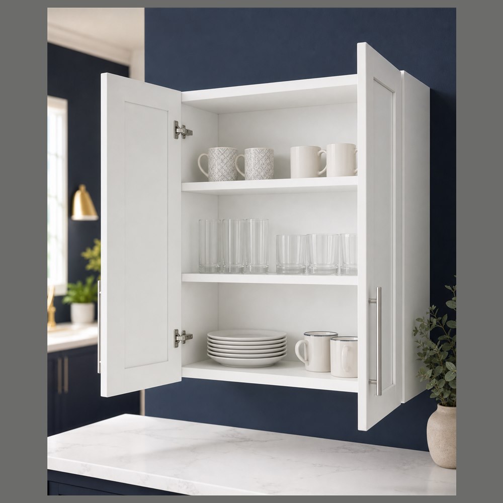30-inch purity white shaker wall cabinet — styled kitchen