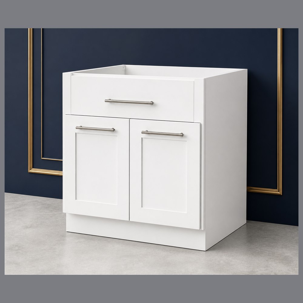 33-inch purity white shaker base cabinet — angled view