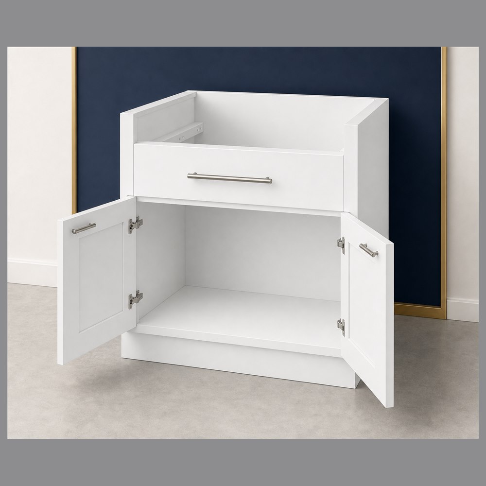33-inch purity white shaker base cabinet — open-door view